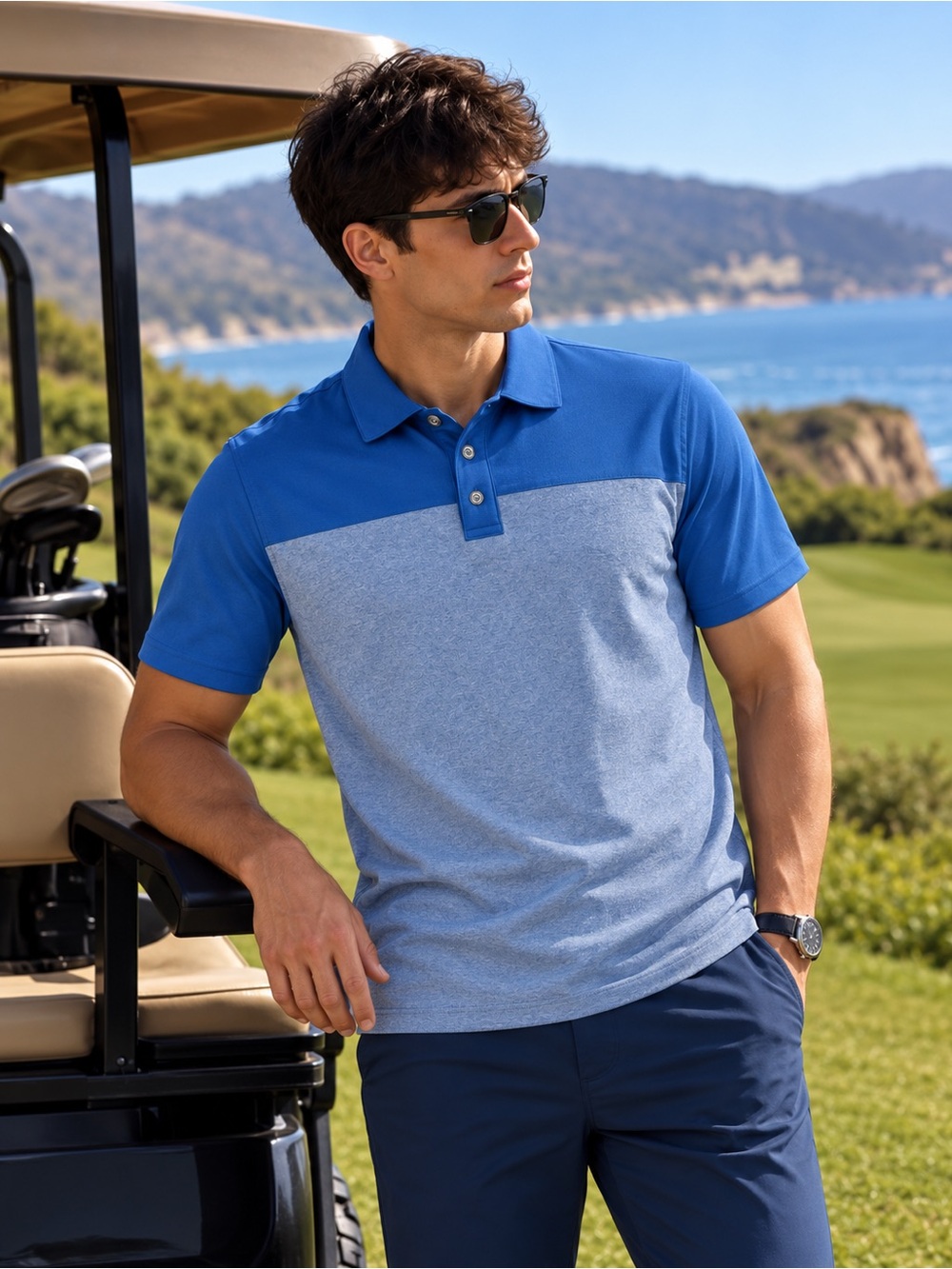 Bollé Blue Micro Check Colorblock Performance Polo Shirt